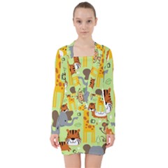 Seamless-pattern-vector-with-animals-wildlife-cartoon V-neck Bodycon Long Sleeve Dress by uniart180623
