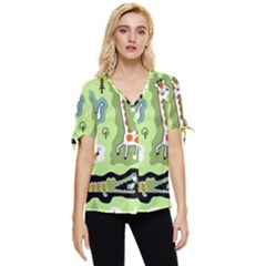 Seamless-pattern-with-wildlife-animals-cartoon Bow Sleeve Button Up Top by uniart180623