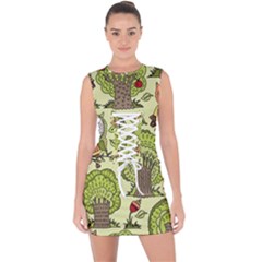 Seamless-pattern-with-trees-owls Lace Up Front Bodycon Dress by uniart180623