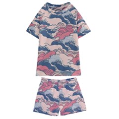 Waves Ocean Sea Water Pattern Rough Seas Kids  Swim Tee And Shorts Set by uniart180623