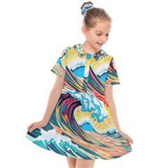 Waves Ocean Sea Tsunami Nautical Arts Kids  Short Sleeve Shirt Dress by uniart180623