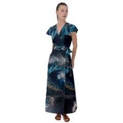 Tsunami Waves Ocean Sea Water Rough Seas Flutter Sleeve Maxi Dress by uniart180623
