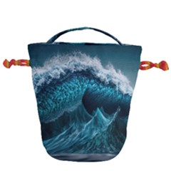 Tsunami Waves Ocean Sea Water Rough Seas Drawstring Bucket Bag by uniart180623