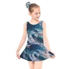 Tsunami Waves Ocean Sea Water Rough Seas Kids  Skater Dress Swimsuit by uniart180623