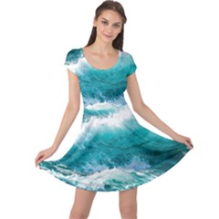 Waves Ocean Sea Tsunami Nautical Blue Sea Cap Sleeve Dress by uniart180623