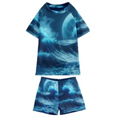 Moonlight High Tide Storm Tsunami Waves Ocean Sea Kids  Swim Tee And Shorts Set by uniart180623