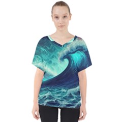 Ai Generated Waves Ocean Sea Tsunami Nautical Fantasy V-neck Dolman Drape Top by uniart180623