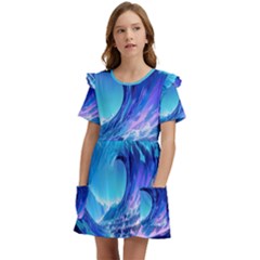 Tsunami Tidal Wave Ocean Waves Sea Nature Water Blue Kids  Frilly Sleeves Pocket Dress by uniart180623
