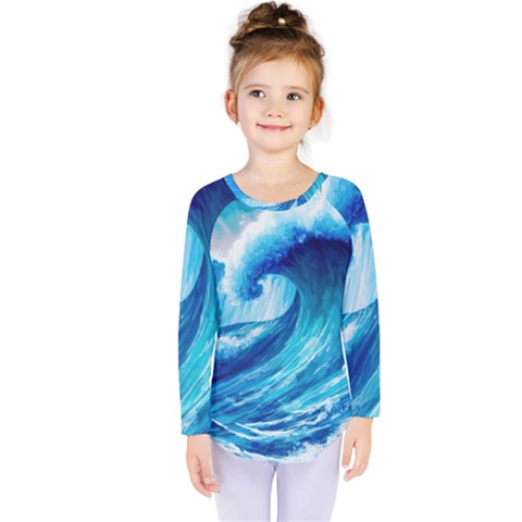 Tsunami Tidal Wave Ocean Waves Sea Nature Water Blue Painting Kids  Long Sleeve Tee by uniart180623