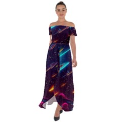 Night Sky Neon Spaceship Drawing Off Shoulder Open Front Chiffon Dress by Ravend