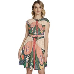 Bug Nature Flower Dragonfly Cap Sleeve High Waist Dress by Ravend