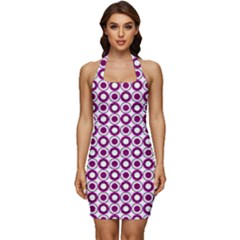 Mazipoodles Magenta White Donuts Polka Dot Sleeveless Wide Square Neckline Ruched Bodycon Dress by Mazipoodles