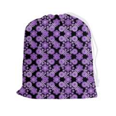 Bitesize Flowers Pearls And Donuts Lilac Black Drawstring Pouch (2xl) by Mazipoodles