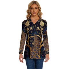 Peacock Plumage Bird Decorative Pattern Graceful Long Sleeve Drawstring Hooded Top by Ravend