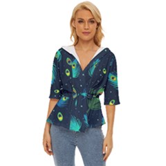 Blue Background Pattern Feather Peacock Lightweight Drawstring Hooded Top by uniart180623