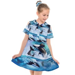 Orca Wave Water Underwater Sky Kids  Short Sleeve Shirt Dress by uniart180623
