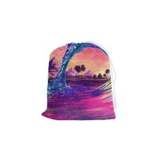 Retro Wave Ocean Drawstring Pouch (small) by uniart180623