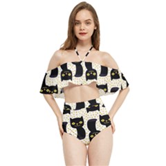 Black Cats And Dots Koteto Cat Pattern Kitty Halter Flowy Bikini Set  by uniart180623