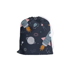 Space Background Illustration With Stars And Rocket Seamless Vector Pattern Drawstring Pouch (medium) by uniart180623
