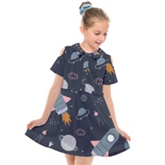 Space Background Illustration With Stars And Rocket Seamless Vector Pattern Kids  Short Sleeve Shirt Dress by uniart180623