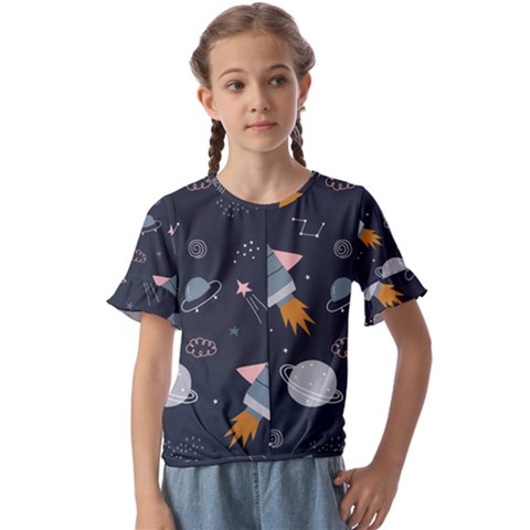 Space Background Illustration With Stars And Rocket Seamless Vector Pattern Kids  Cuff Sleeve Scrunch Bottom Tee by uniart180623