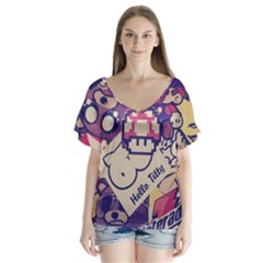 Retro Cartoon Titty Parody V-neck Flutter Sleeve Top by uniart180623