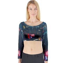 Cityscape Digital Art Long Sleeve Crop Top by uniart180623