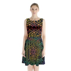 Circuit Hexagonal Geometric Pattern Background Pattern Sleeveless Waist Tie Chiffon Dress by Ndabl3x