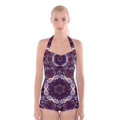 Rosette Kaleidoscope Mosaic Abstract Background Boyleg Halter Swimsuit  by Simbadda