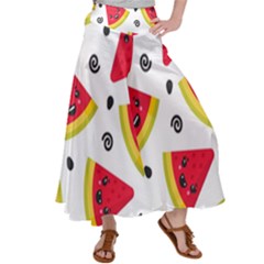Cute Smiling Watermelon Seamless Pattern White Background Women s Satin Palazzo Pants by Simbadda