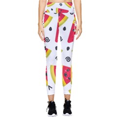 Cute Smiling Watermelon Seamless Pattern White Background Pocket Leggings  by Simbadda