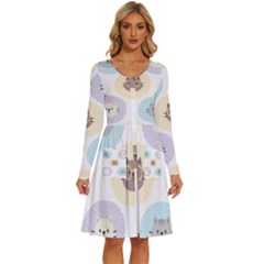 Cute Cat Seamless Pattern Background Long Sleeve Dress With Pocket by Simbadda