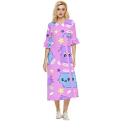 Seamless Pattern With Cute Kawaii Kittens Double Cuff Midi Dress by Simbadda