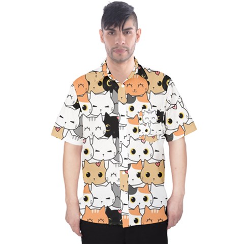 Cute Cat Kitten Cartoon Doodle Seamless Pattern Men s Hawaii Shirt by Simbadda