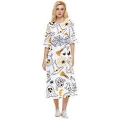 Funny Hand Drawn Halloween Pattern Double Cuff Midi Dress by Simbadda