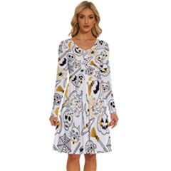 Funny Hand Drawn Halloween Pattern Long Sleeve Dress With Pocket by Simbadda