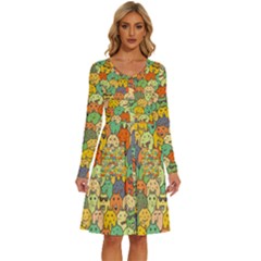 Seamless Pattern With Doodle Bunny Long Sleeve Dress With Pocket by Simbadda