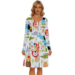 Seamless Pattern Vector With Animals Cartoon Long Sleeve Dress With Pocket by Simbadda