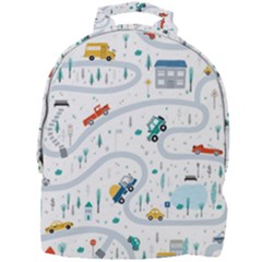 Cute Children Seamless Pattern With Cars Road Park Houses White Background Illustration Town Cartooo Mini Full Print Backpack by Simbadda