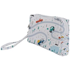 Cute Children Seamless Pattern With Cars Road Park Houses White Background Illustration Town Cartooo Wristlet Pouch Bag (small) by Simbadda