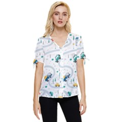 Cute Children Seamless Pattern With Cars Road Park Houses White Background Illustration Town Cartooo Bow Sleeve Button Up Top by Simbadda