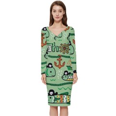 Seamless Pattern Fishes Pirates Cartoon Long Sleeve V-neck Bodycon Dress  by Simbadda