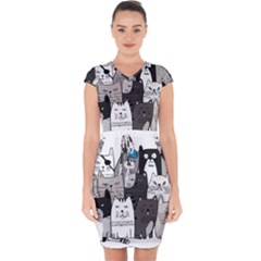 Cute Cat Hand Drawn Cartoon Style Capsleeve Drawstring Dress  by Simbadda