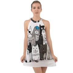 Cute Cat Hand Drawn Cartoon Style Halter Tie Back Chiffon Dress by Simbadda