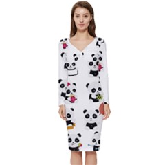 Playing Panda Cartoon Long Sleeve V-neck Bodycon Dress  by Simbadda