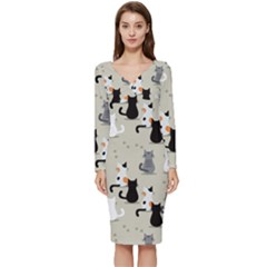 Cute Cat Seamless Pattern Long Sleeve V-neck Bodycon Dress  by Simbadda