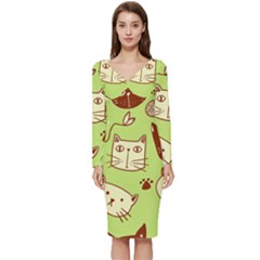 Cute-hand-drawn-cat-seamless-pattern Long Sleeve V-neck Bodycon Dress  by Simbadda