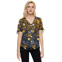 Yin-yang-owl-doodle-ornament-illustration Bow Sleeve Button Up Top by Simbadda