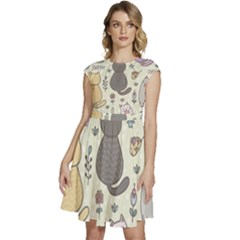 Funny Cartoon Cat Seamless Pattern Cap Sleeve High Waist Dress by Simbadda