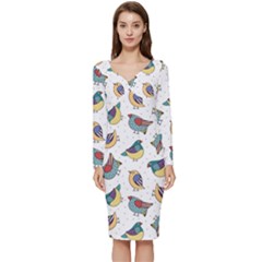 Seamless-pattern-with-hand-drawn-bird-black Long Sleeve V-neck Bodycon Dress  by Simbadda